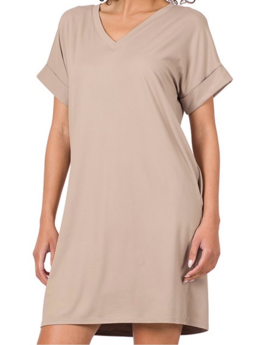 Zenana Outfitters Taupe V-Neck Short Sleeve Shift Dress